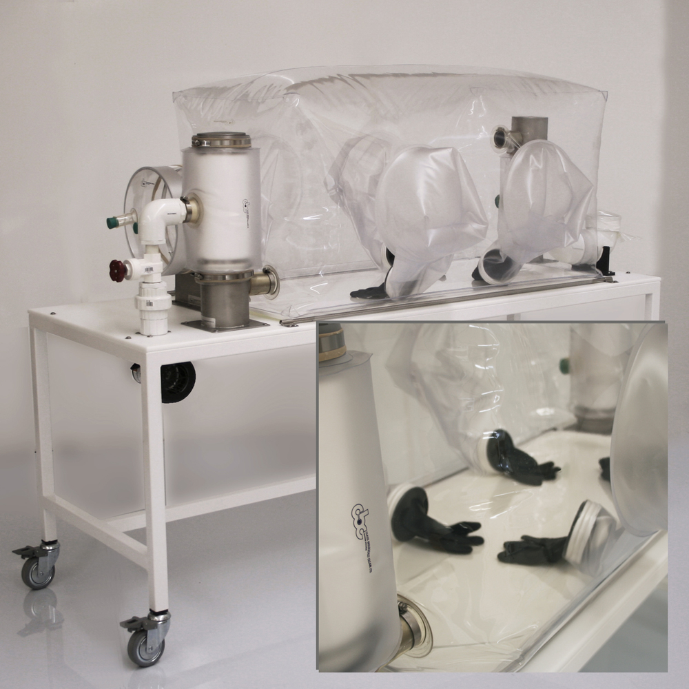 CBC Surgical Isolator for gnotobiotic research with glove sleeves on both sides of vinyl isolator.