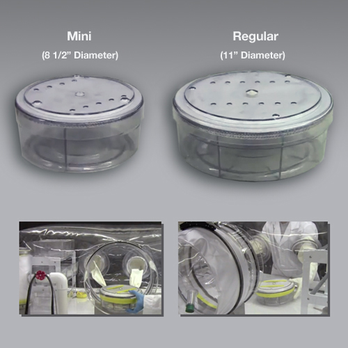 The CBC TransDisk allows researchers to transfer mice into or out of an isolator without a transfer sleeve.