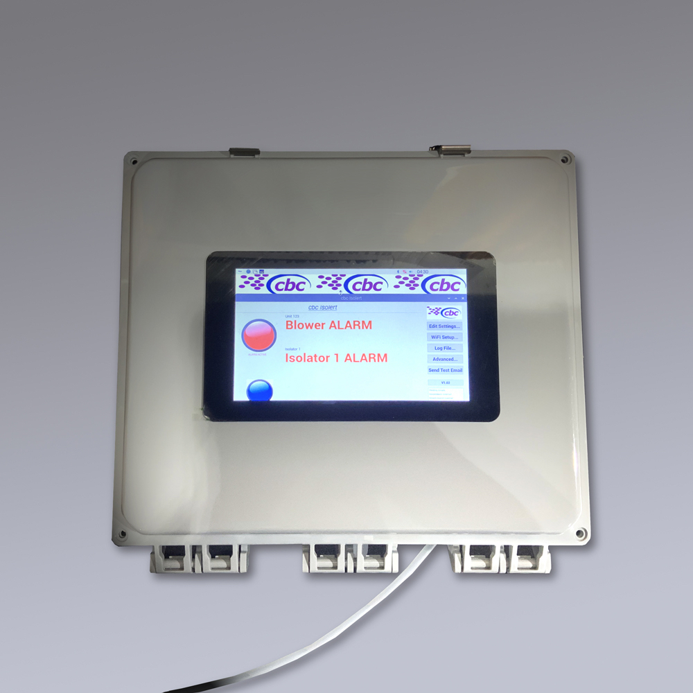 Optional Alarm system sends text message for loss of power or isolator pressure.